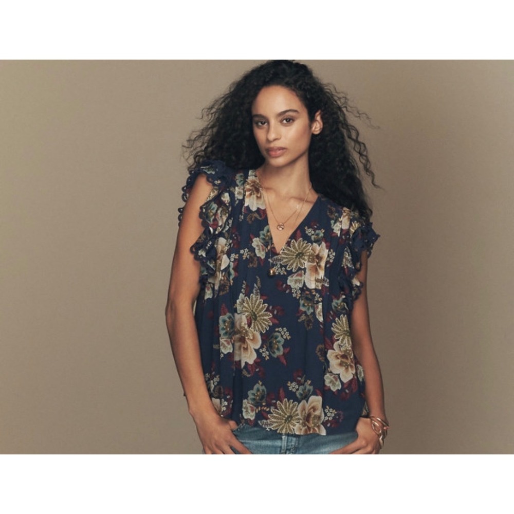 Farm Rio for Anthropologie Floral Ruffle Lace Trim Blouse Navy Blue XS
